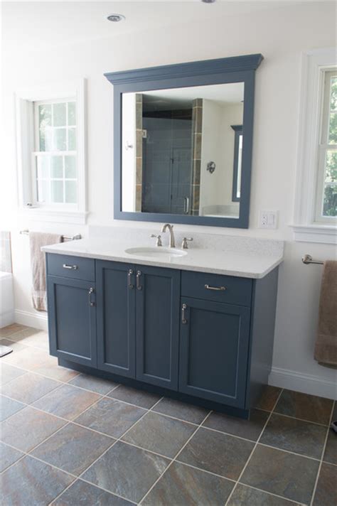 slate blue bathroom|slate bathroom with blue cabinets.